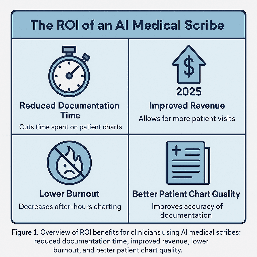 ROI Gains from AI Medical Scribes in North American Healthcare Infographic illustrating ROI gains from using AI medical scribes in North American clinics