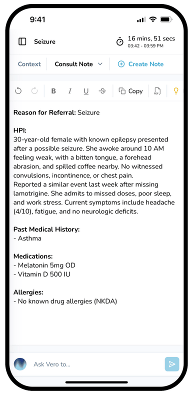 The Vero Scribe mobile app on an iPhone, demonstrating AI-powered medical transcription and note editing features.